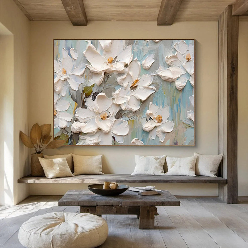 “Blossoming Serenity” - White, Green & Blue Floral, 3D - Textured Flower Acrylic Painting On Canvas DKS686