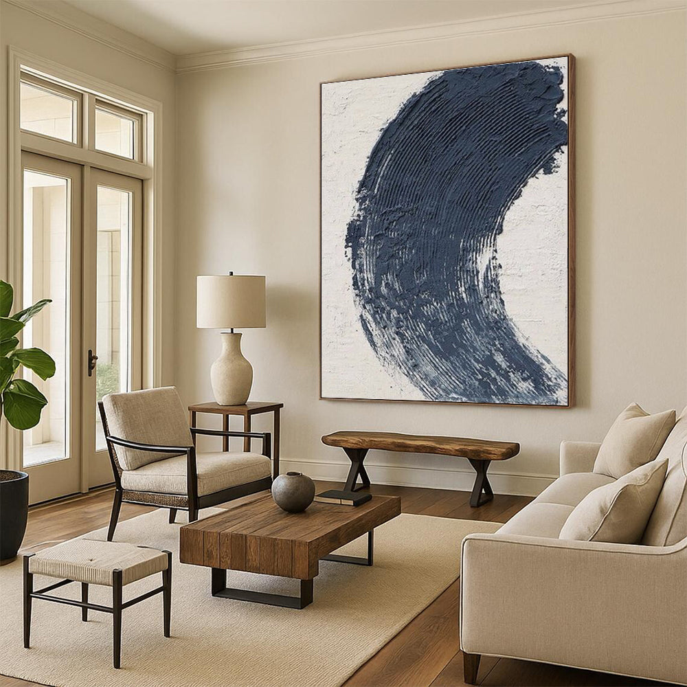 “Bold Blue Textured Stroke” - Blue, White Abstract Minimalist Painting On Canvas PS0680