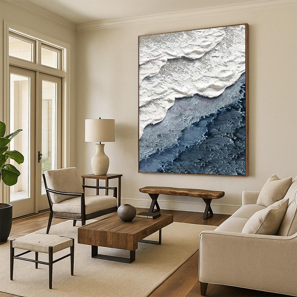 “White and Blue Textured Wave Layers” - Minimalist Ocean Layers Painting On Canvas DS325