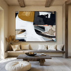 “Abstract Collage with Gold, Black, and White” - Mixed - Media Abstract Painting On Canvas PT127