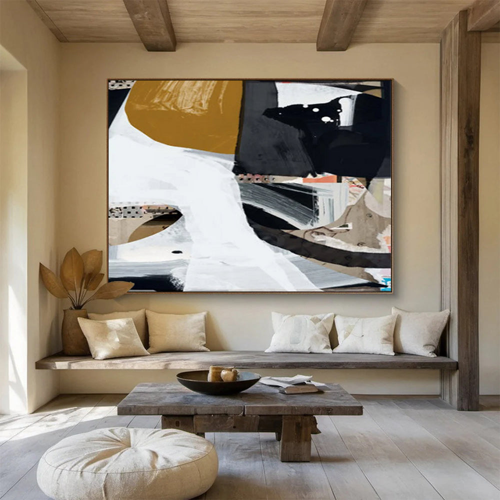 “Abstract Collage with Gold, Black, and White” - Mixed - Media Abstract Painting On Canvas PT127