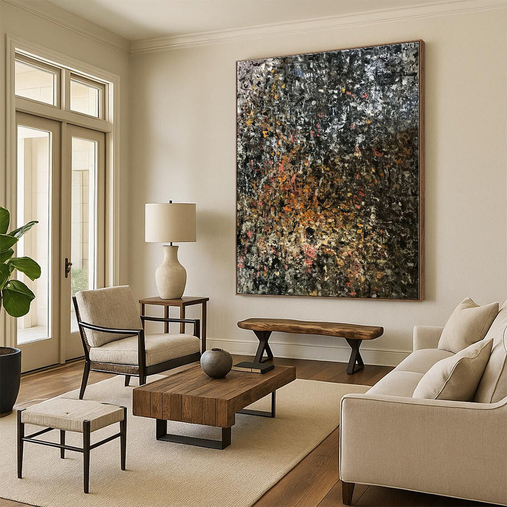 “Dark - Hued Textured Abstract” - Black, Orange, Pink Abstract Painting On Canvas PS0462