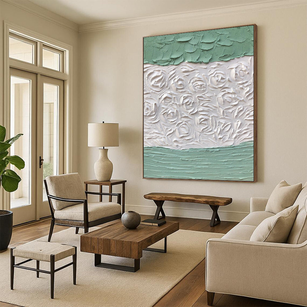 “Green - White Textured Roses” - Textured Abstract Painting On Canvas PT1269