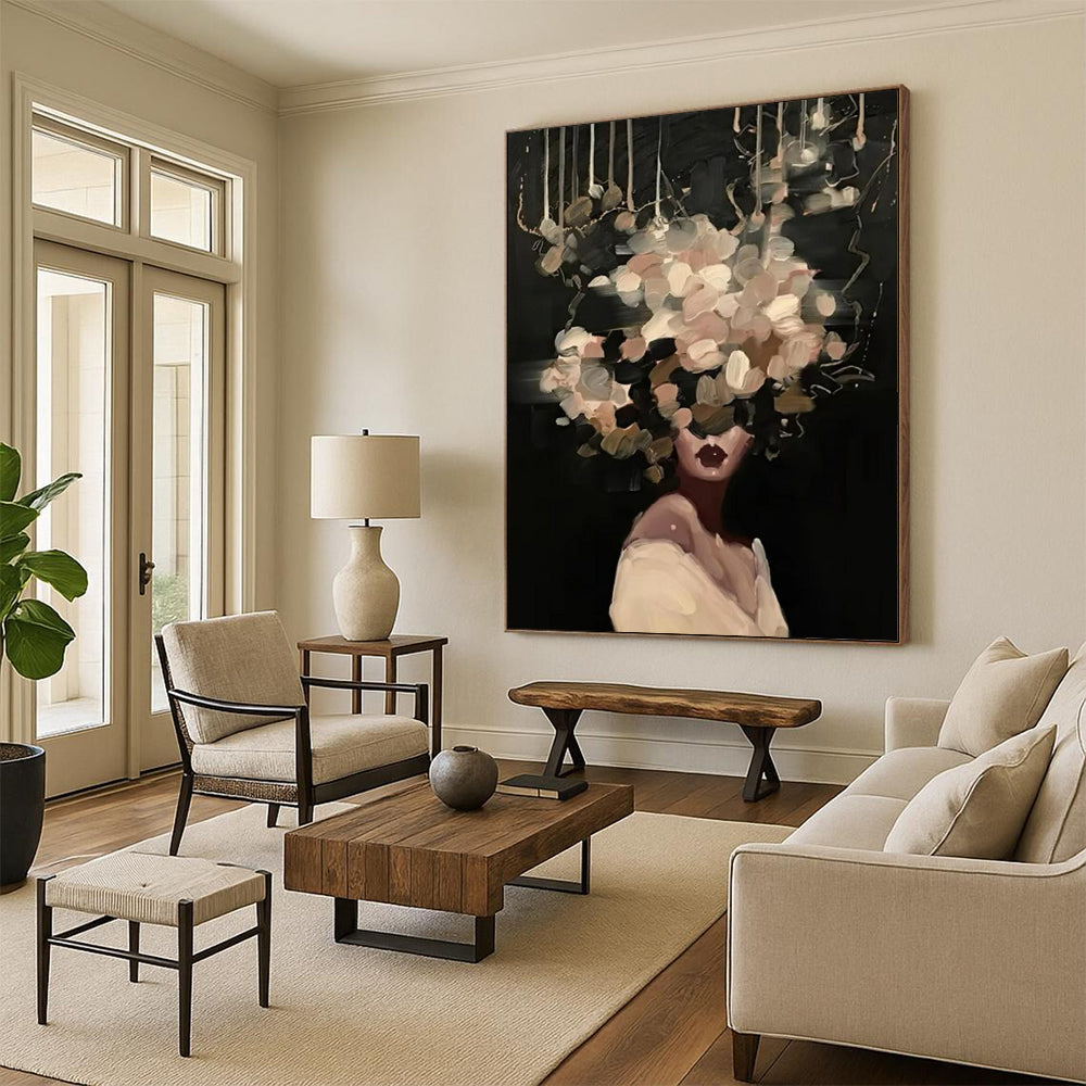 “Black, Beige, and White Floral Head” - Mysterious Figurative Painting On Canvas DS326