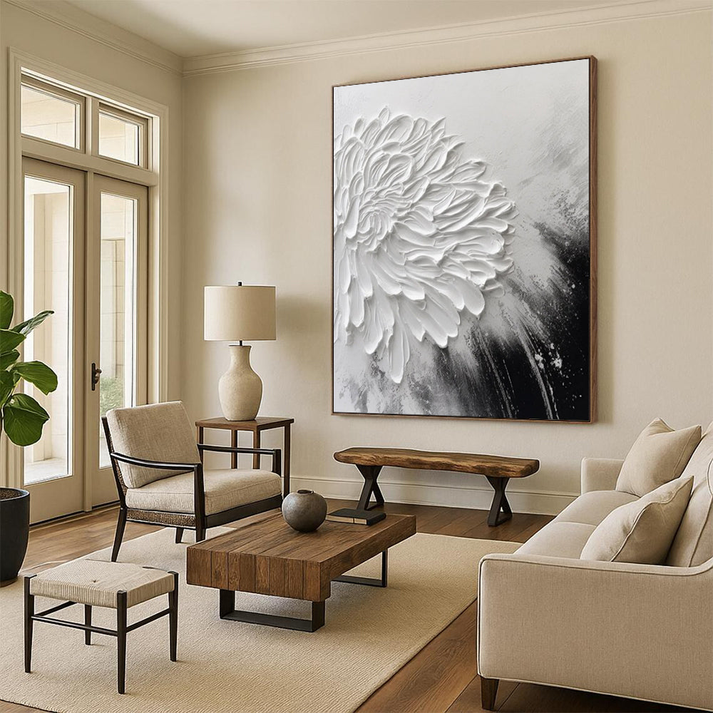 Sculpted White Flower, Minimalist Abstract, Kline - Inspired Simplicity, Painting On Canvas PT2105