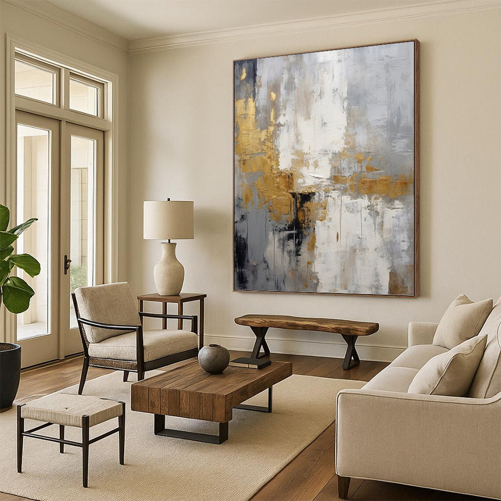 “Grey - Gold Abstract Elegance” - Neutral with Gold Accent Abstract Painting On Canvas PT1062