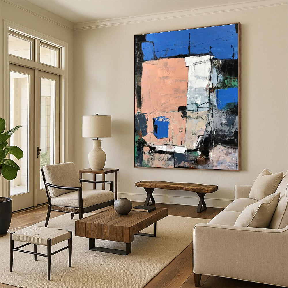 “Blue - Peach Urban Geometry” - Blue, Peach, Gray Abstract Painting On Canvas PS0468