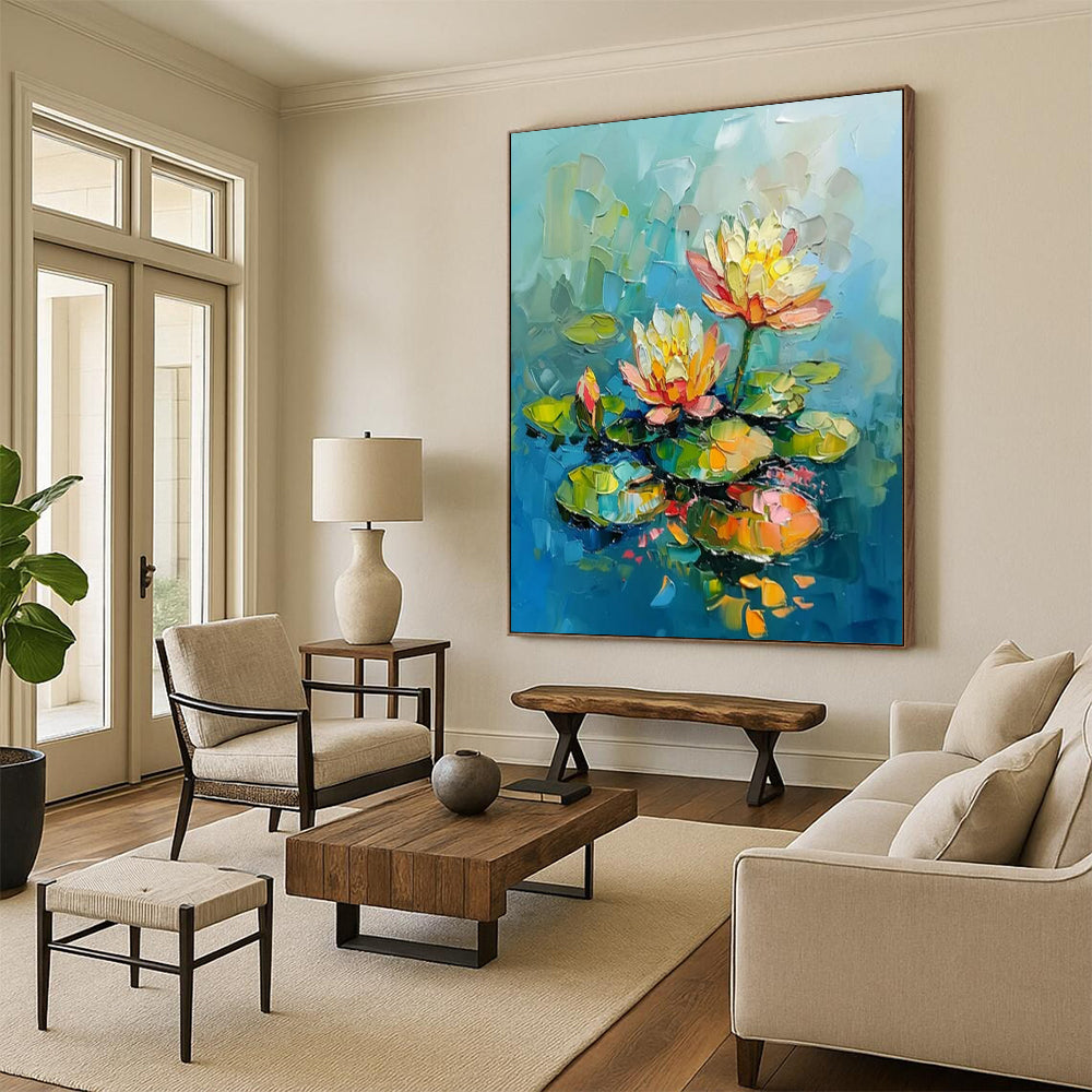 “Colorful Water Lilies” - Impasto Floral Painting On Canvas PT2240