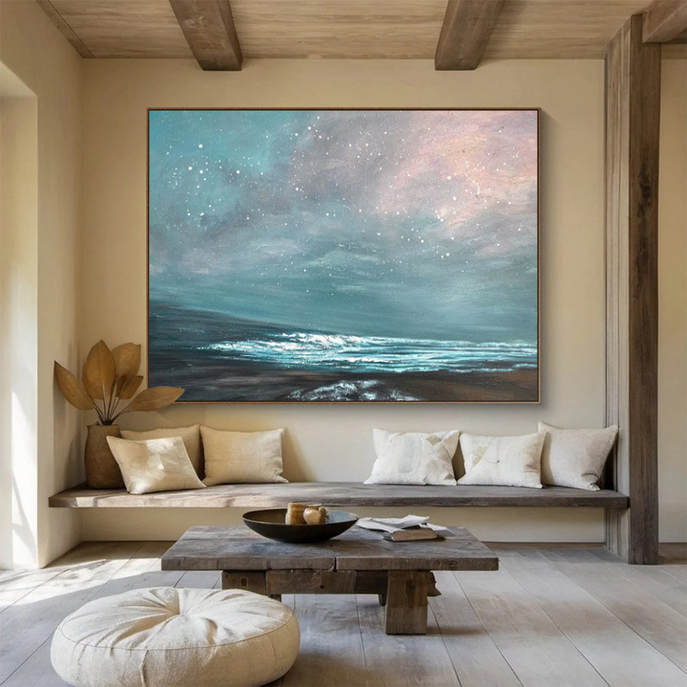 Star - Filled Sky Over Turquoise Sea Seascape Painting On Canvas DKS106