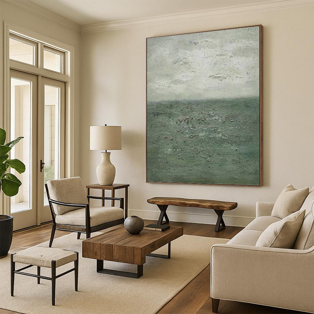“Textured Green and Gray Seascape” - Seascape, Green - and - Gray Painting On Canvas PT1504