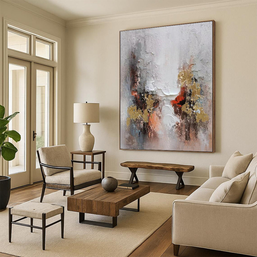 “Grey - Gold Abstract Bursts” - Impasto Abstract Painting On Canvas PT1168