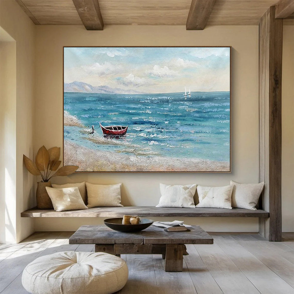 “Red Boat Coastal Calm” - Seaside Landscape Painting On Canvas PT224