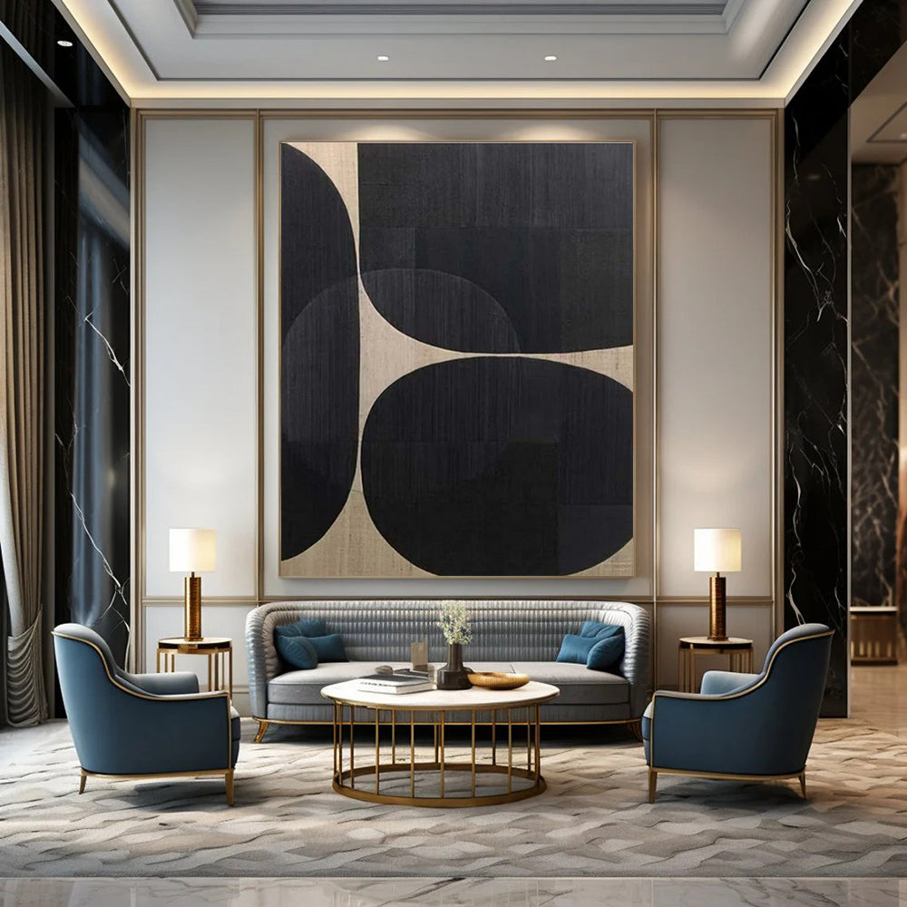Black, Beige with Overlapping Circles "Geometric Harmony" Abstract Painting On Canvas PS1474