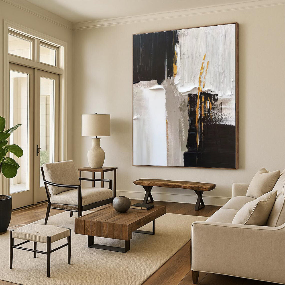 “Black - White - Gold Opulent Abstraction” - Black, White, Gold Abstract Painting On Canvas PS0497