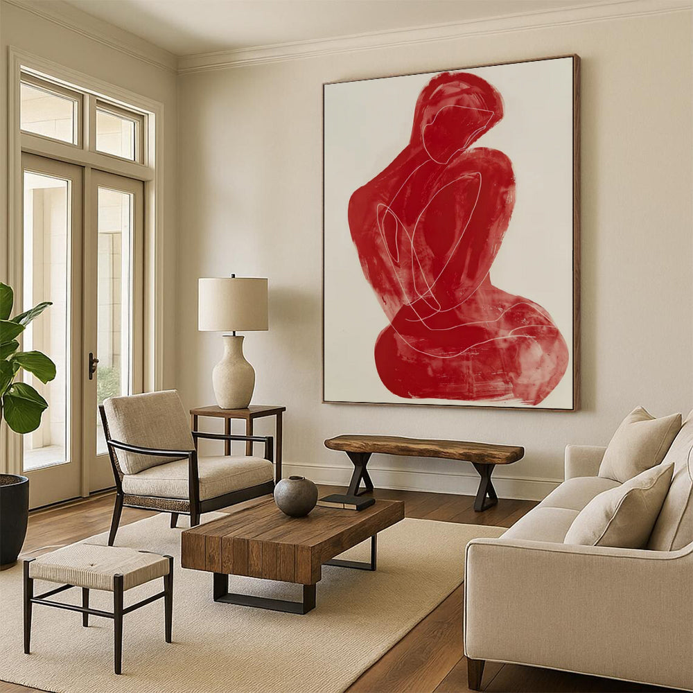 “Red Abstract Figure” - Minimalist Line Painting On Canvas PT2228