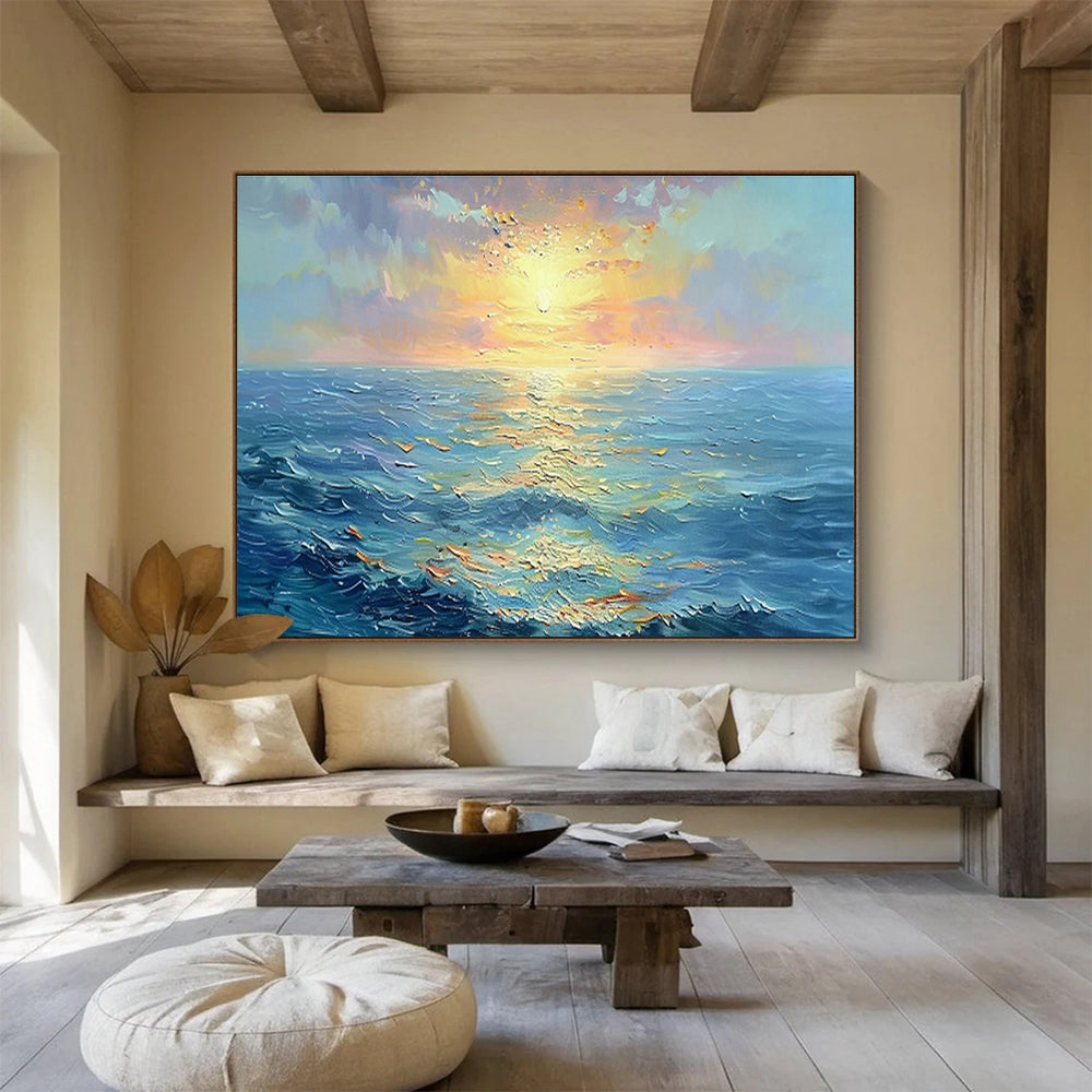 “Vibrant Sunset Sea” - Blue, Orange & Yellow Landscape, Expressive Oil Painting On Canvas DKS760