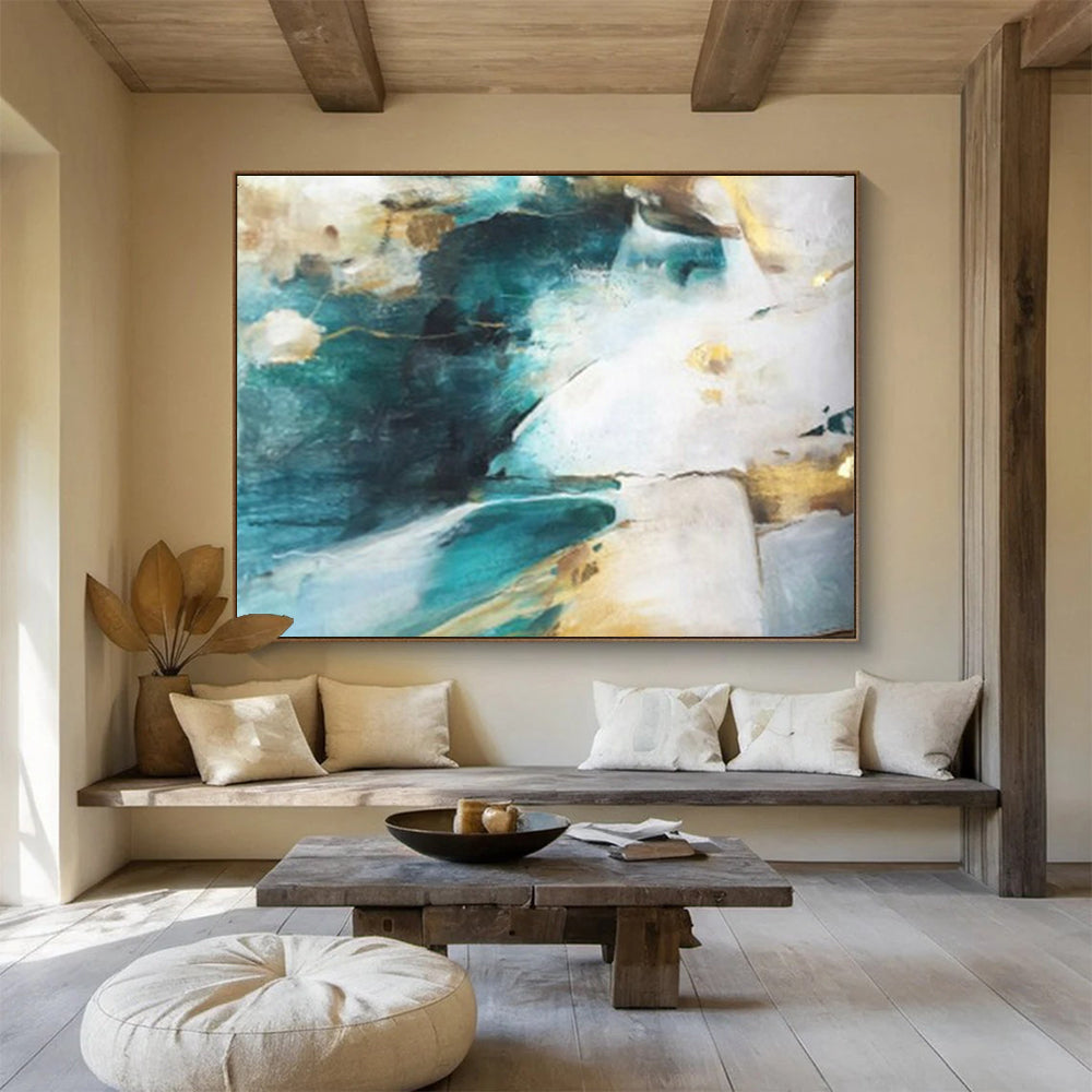 “Teal - Gold Abstract Flows” - Flowing Teal “Aqua Gleam” Painting On Canvas PT1635