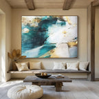 “Teal - Gold Abstract Flows” - Flowing Teal “Aqua Gleam” Painting On Canvas PT1635