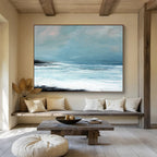 “Minimalist Coastal Landscape in Blues and Blacks” - Serene Seaside Oil Painting On Canvas PT032