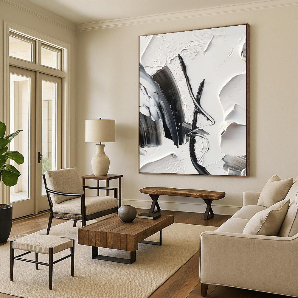 “Textured Black - White Abstraction” - Black, White Abstract Minimalist Painting On Canvas PS0702