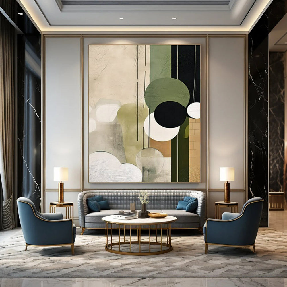 Green, Beige, Black with Circular Shapes "Circular Nature" Abstract Painting On Canvas PS1277