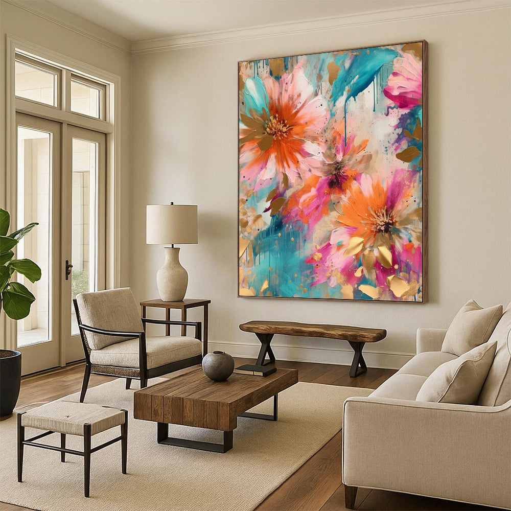 “Teal and Gold Floral” - Botanical, Luxe - Styled Painting On Canvas PT1598