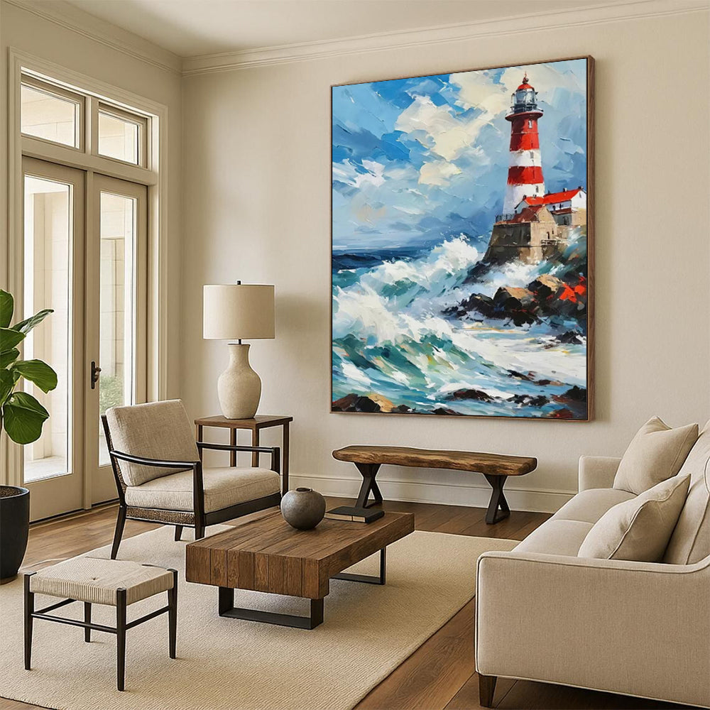 “Impasto Lighthouse in Stormy Seas” - Impasto Maritime Painting On Canvas PT1892