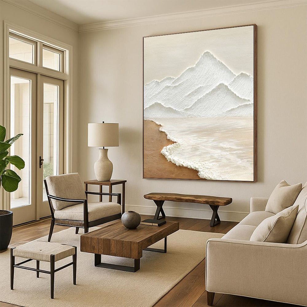 “White Mountain & Beach” - Textured Landscape Abstract Painting On Canvas DS273
