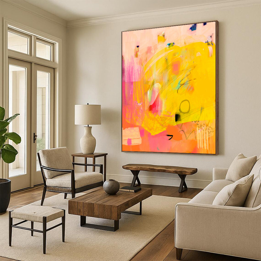 “Sunny Yellow - Pink Abstract Fusion” - Abstract Painting On Canvas PT2005