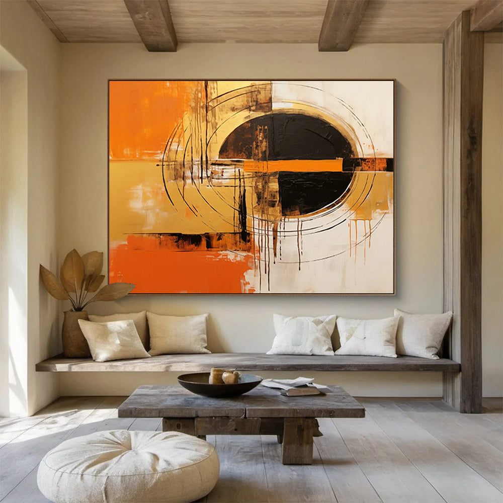 “Orange, Gold, and Black Circular Abstract” - Expressive Abstract Painting On Canvas PT105