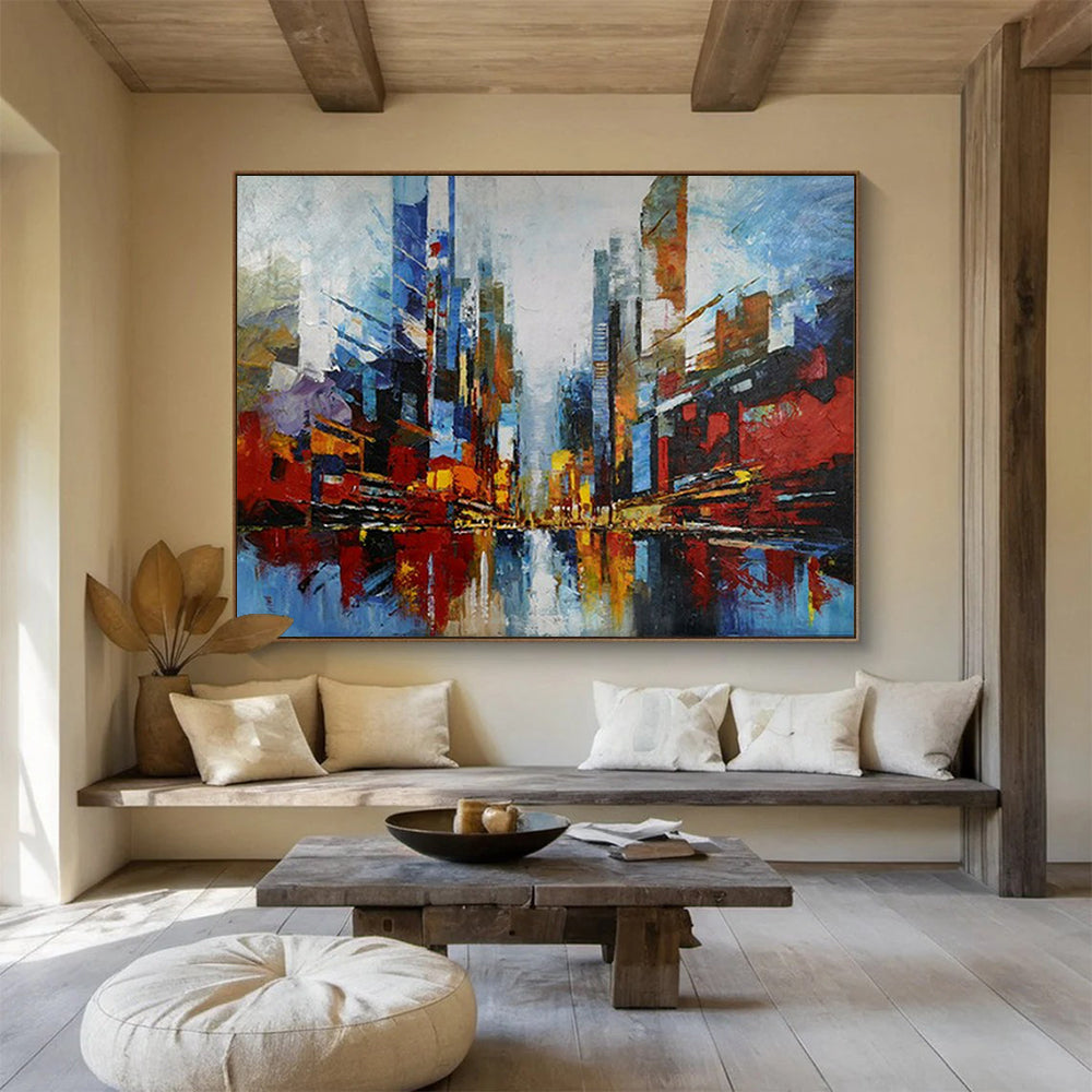 “Colorful Abstract Cityscape” - Vibrant Urban “Metro Blur” Painting On Canvas PT1673