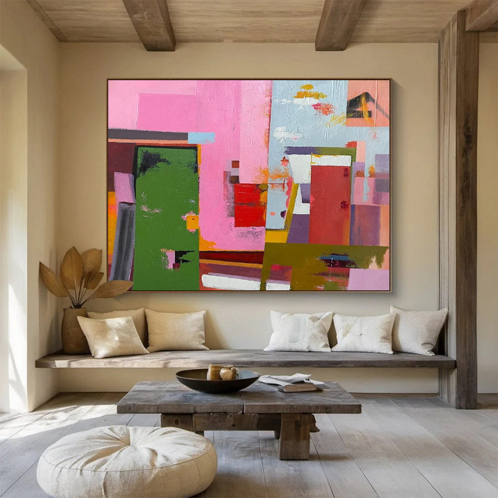 “Vibrant Geometric Abstraction in Pink, Green & Colorful Shapes” - Cubist - Style Modern Painting On Canvas PT013