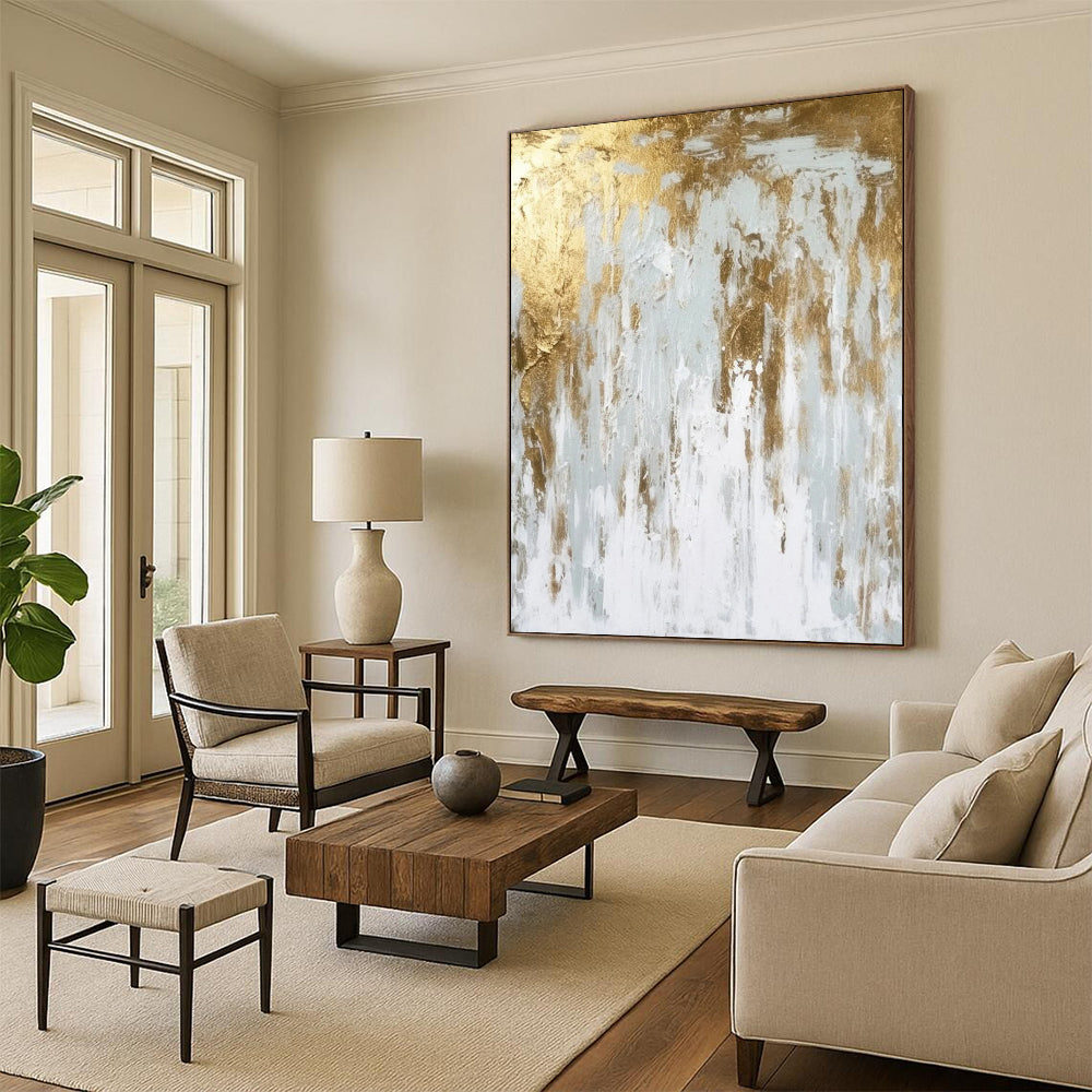 White - Gold Abstract Flow Textured Painting On Canvas DS074