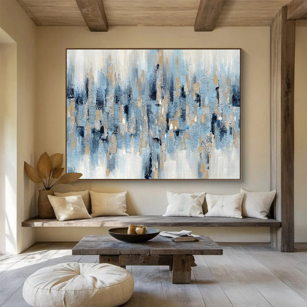 “Blue - Gold Abstract Drip” - Elegant Splashes Painting On Canvas PT1519