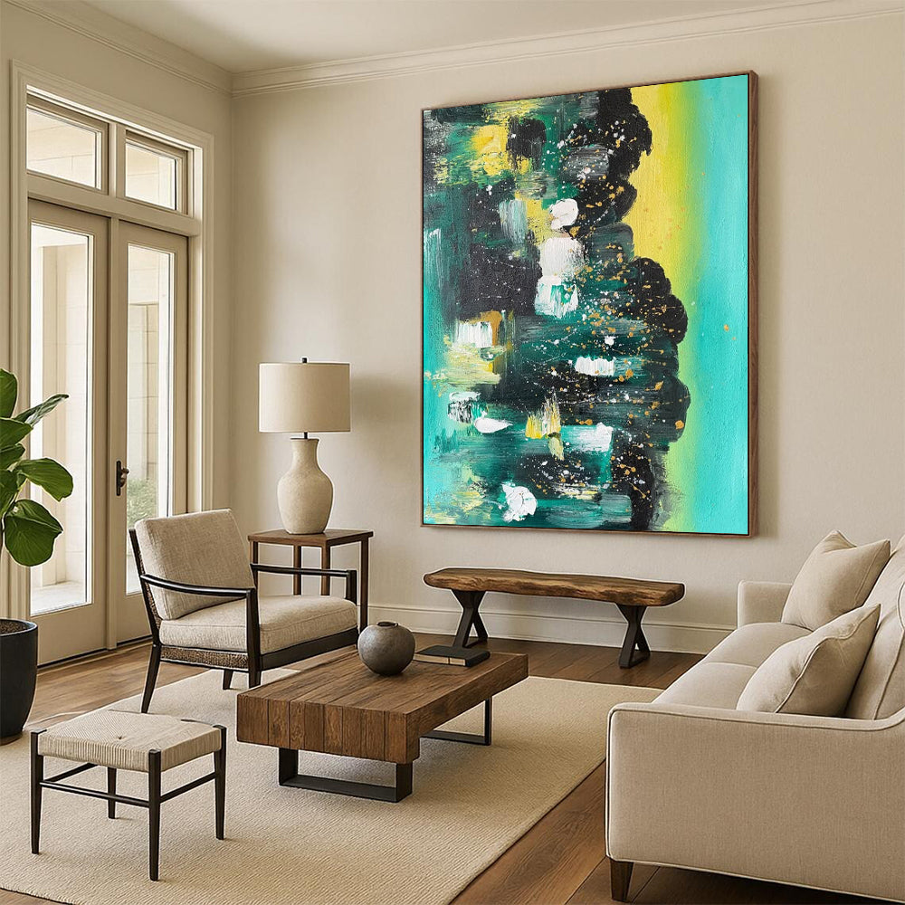 “Teal - Gold Abstract Splatter” - Abstract Expressionist Painting On Canvas DS038
