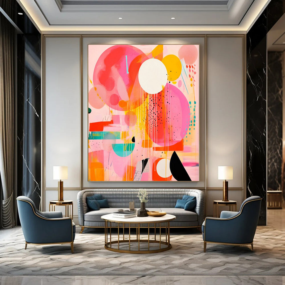 Bold Pink, Orange, and Circles "Pop Play" Abstract Painting On Canvas PS1181