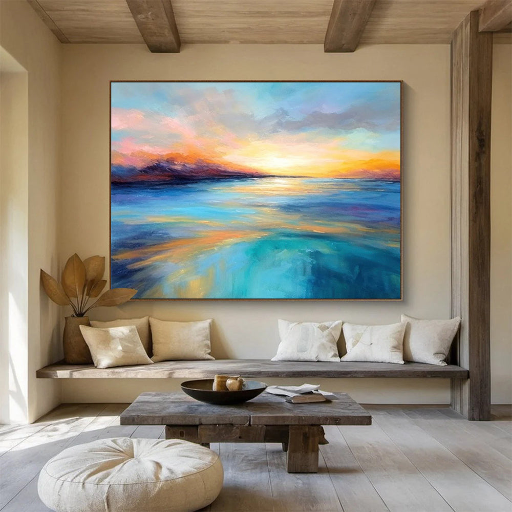 “Vibrant Sunset Sea in Pink and Blue” - Expressive Marine Painting On Canvas PT069