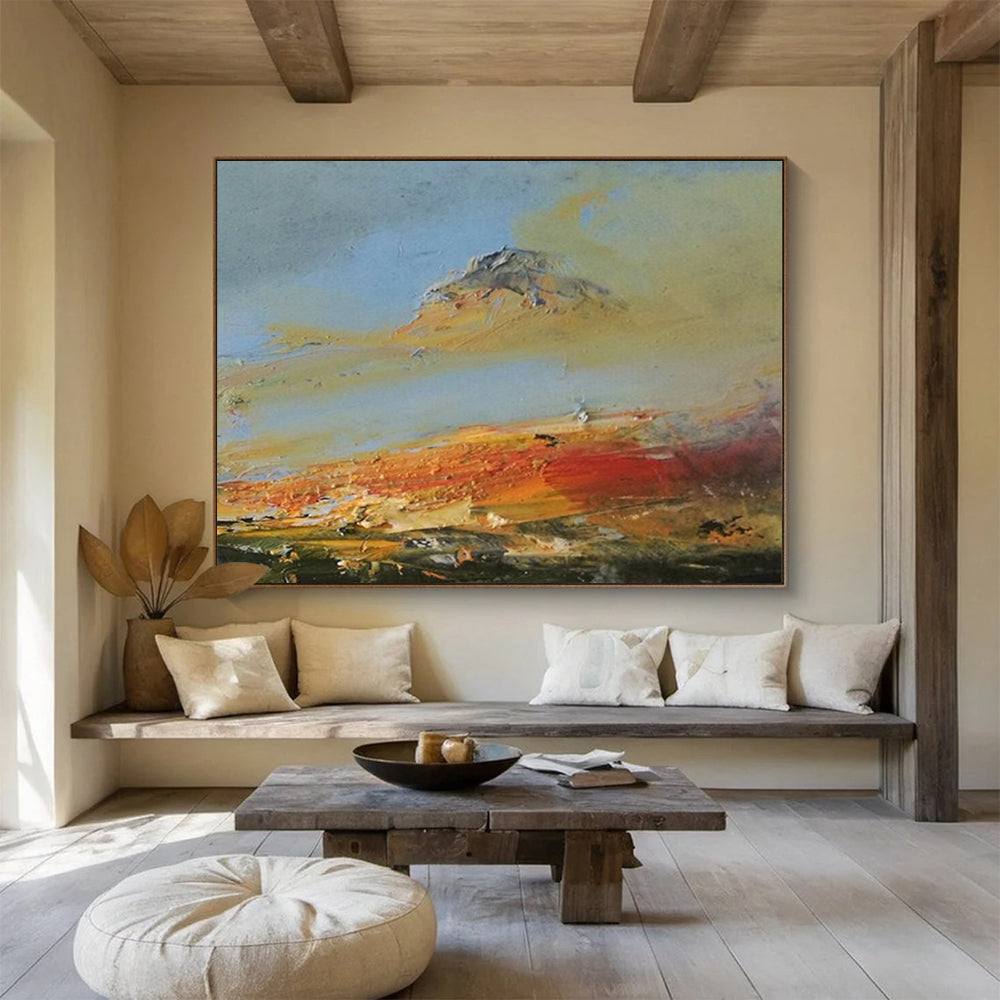 “Vibrant Coastal Landscape in Oranges, Reds & Yellows” - Impressionistic Seaside Oil Painting On Canvas PT039