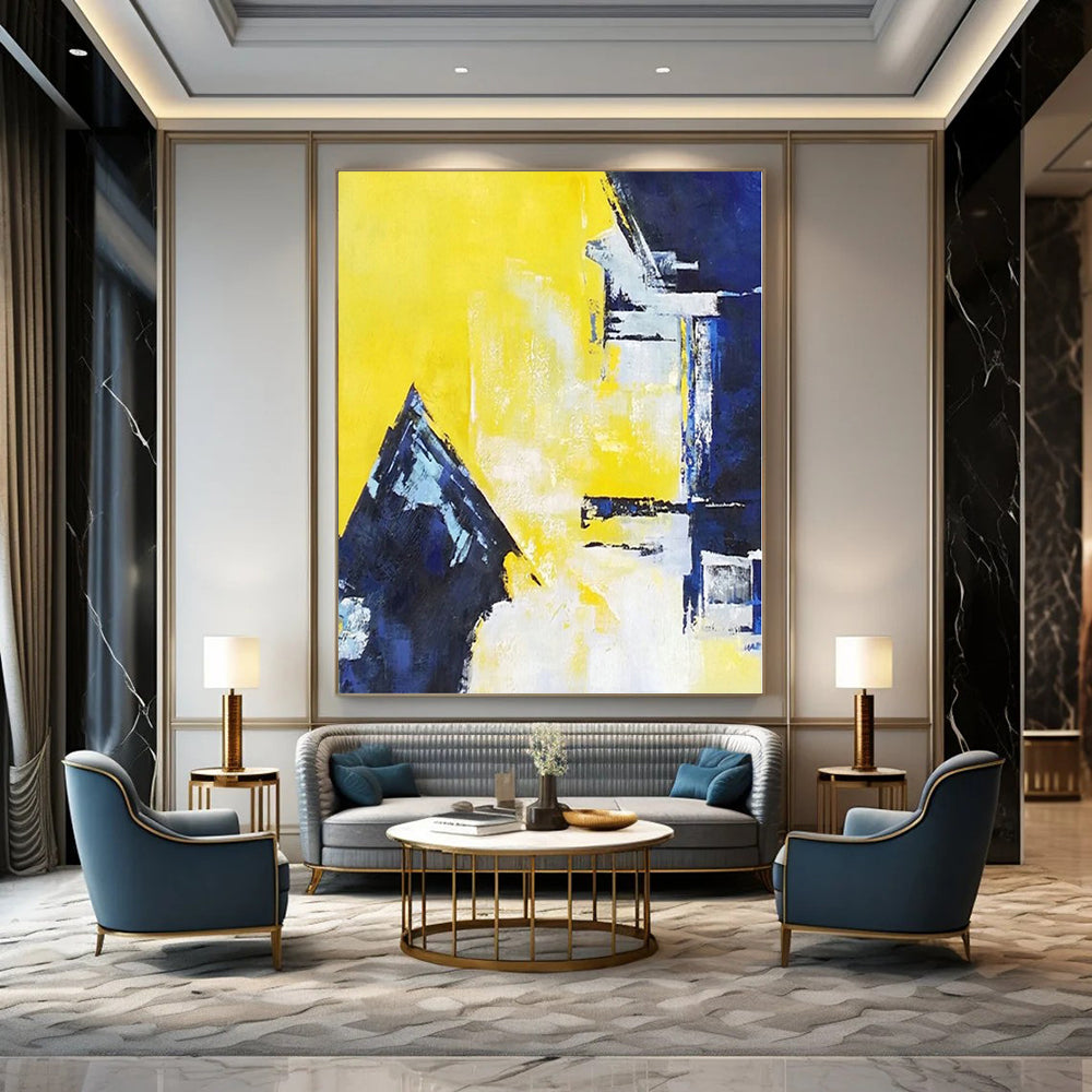 “Yellow - Blue Geometric Clash” - Bold Abstract Painting On Canvas PS0215