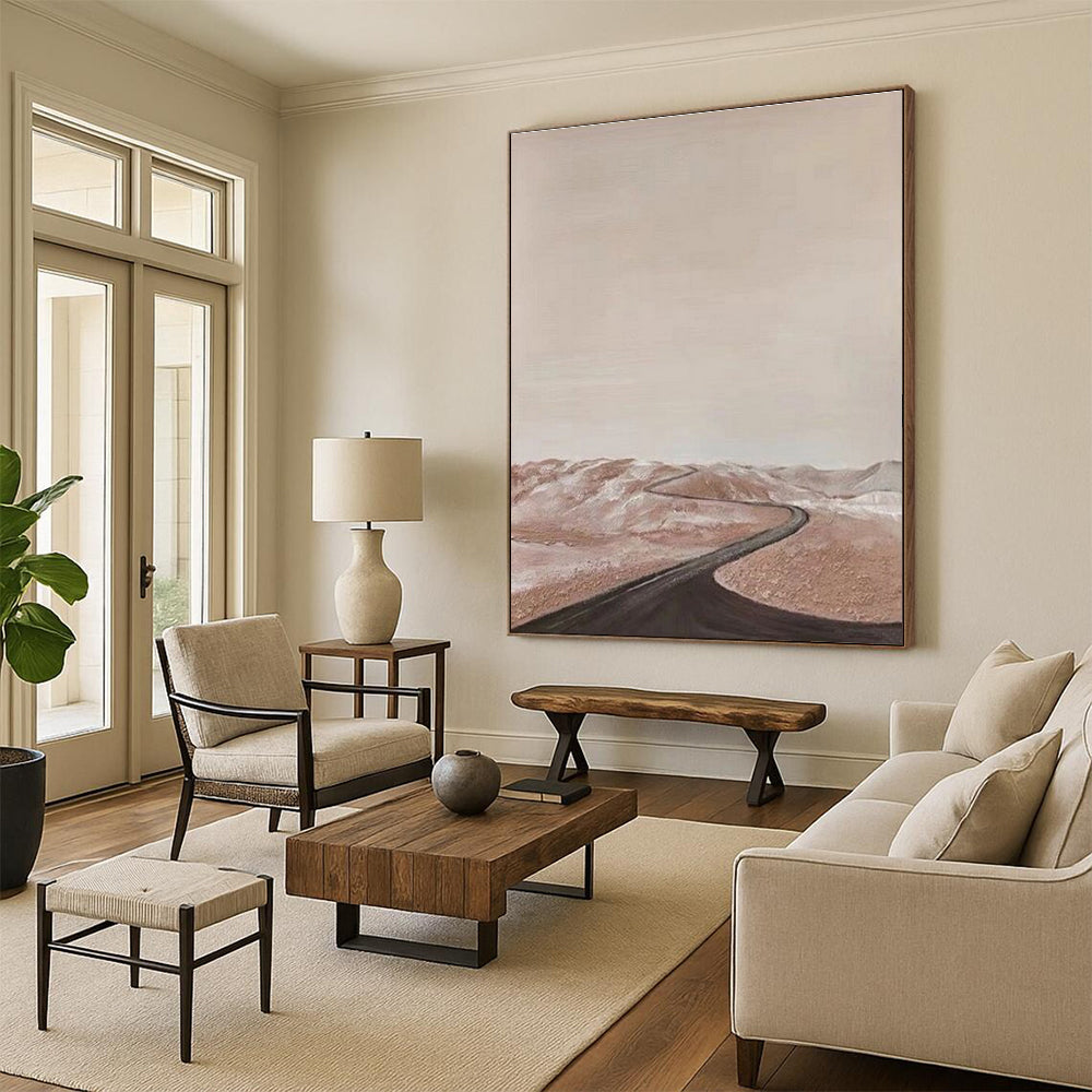 “Desert Road Journey” - Beige, Brown, Black Abstract Landscape Painting On Canvas PS0665
