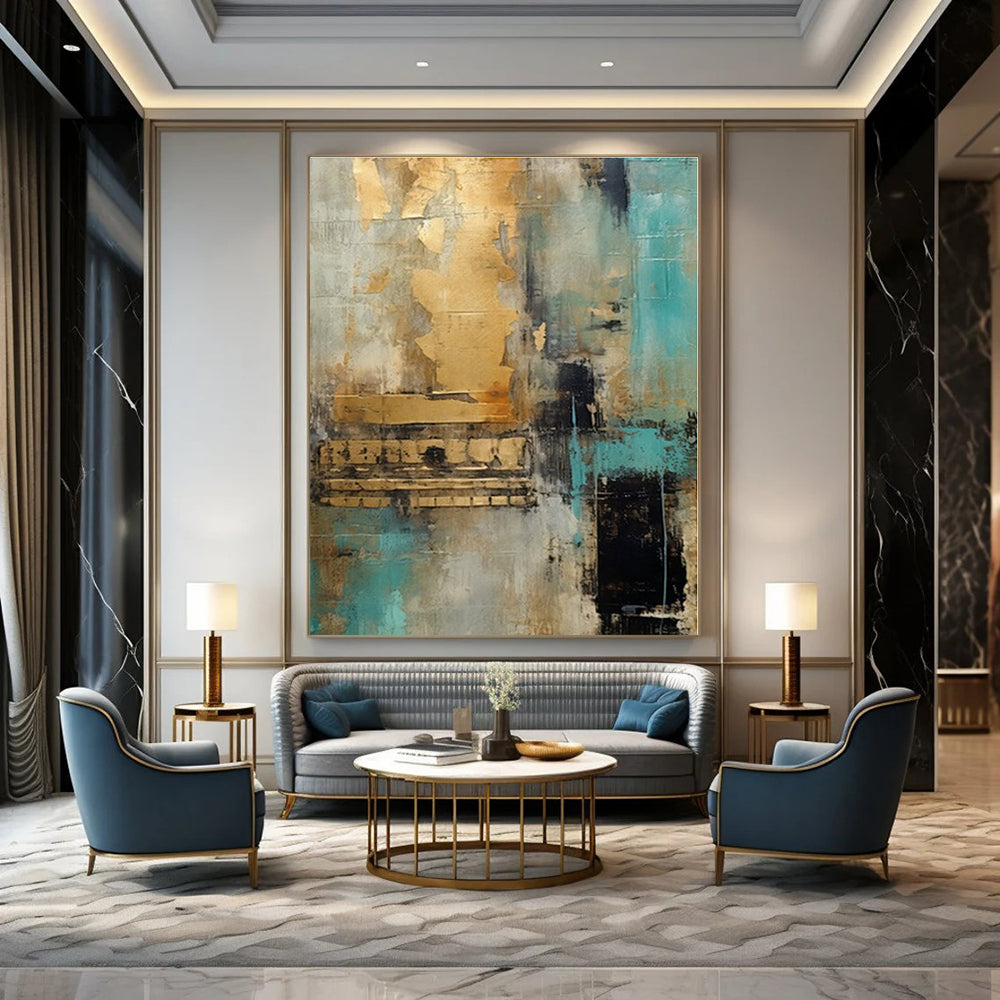 Gold, Teal, Gray with Textured Layers "Gilded Teal Dream" Abstract Painting On Canvas PS1281