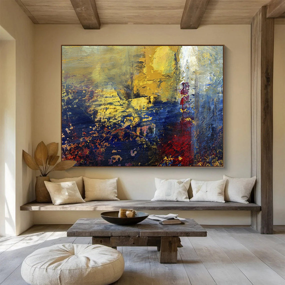 “Golden - Blue Abstract Vista” - Gold, Blue & Purple Abstract, Impasto Oil Painting On Canvas DKS722