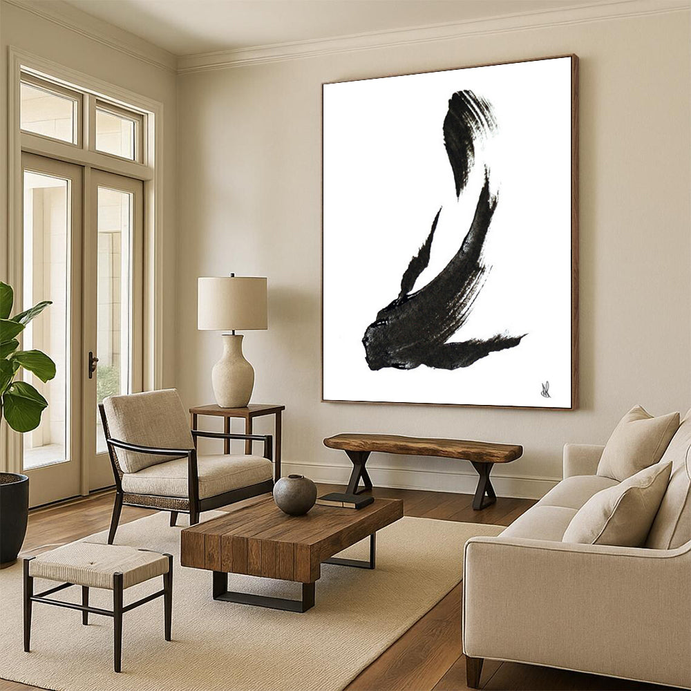 “Ink Fish Silhouette” - Bold Black Brushstrokes on White Canvas Painting On Canvas DS181