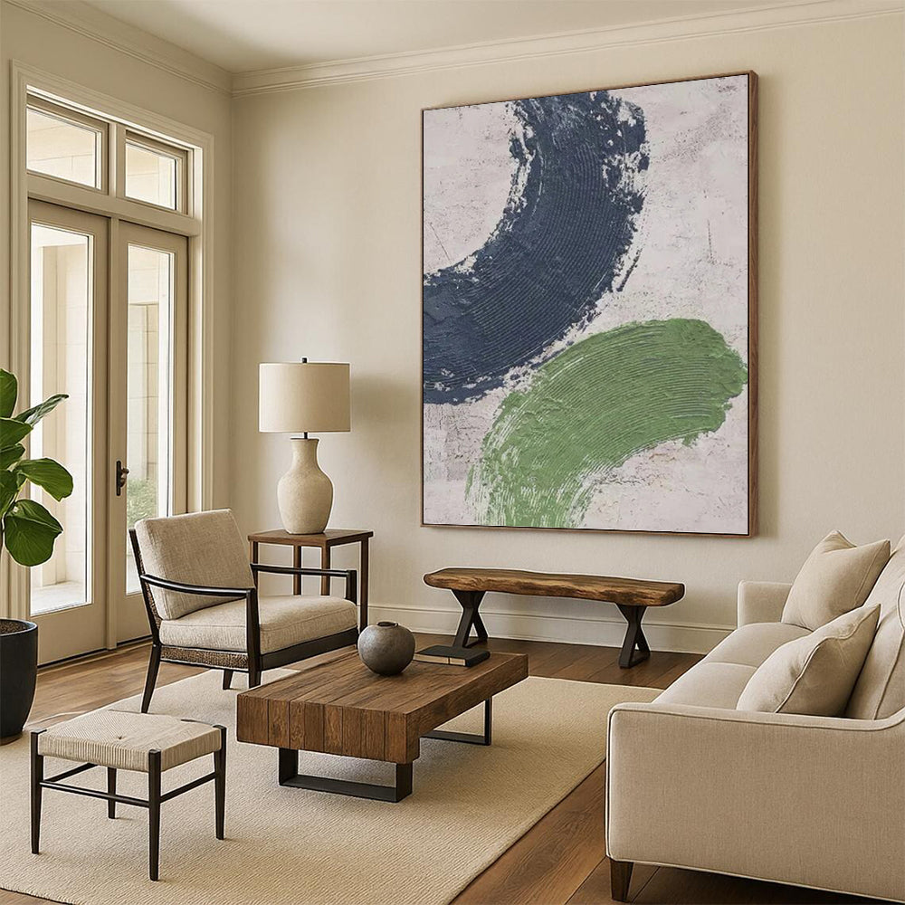 “Bold Color Strokes” - Navy and Green Abstract Painting On Canvas PT1072