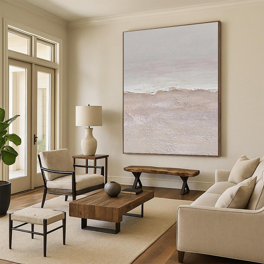 “Textured Beach Shore” - Beige, White Abstract Seascape Painting On Canvas PS0666