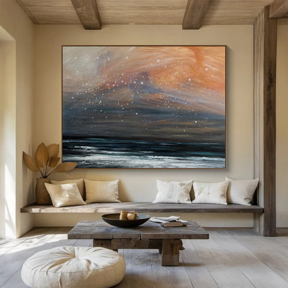 Orange and Grey Sky Over Dark Sea with Snow Seascape Painting On Canvas DKS110