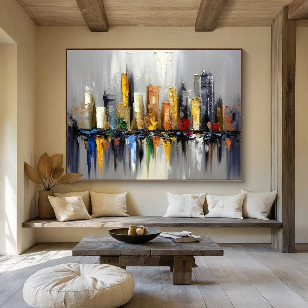 “Colorful Cityscape Reflection” - Impasto Urban Painting On Canvas PT067