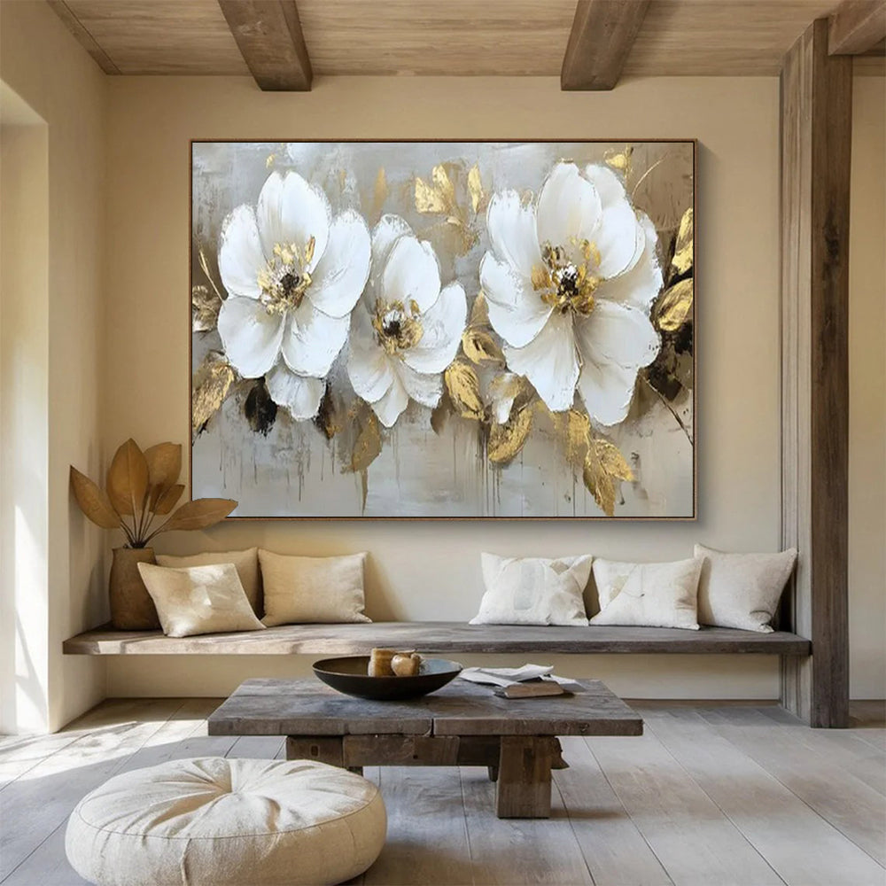 “White Blooms & Gold Foliage” - Floral Impasto - Painting On Canvas PT1705