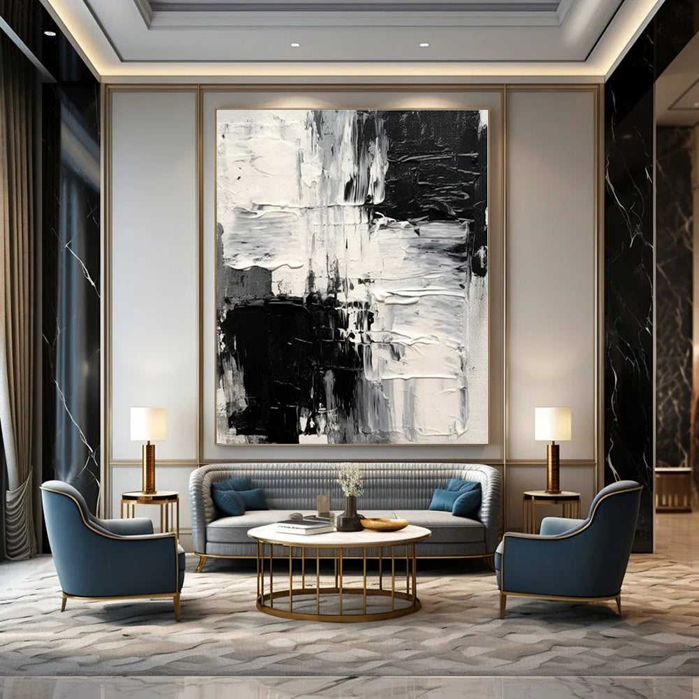 Monochrome Textured Chaos - Black and White Impasto Abstract Painting On Canvas PS1248