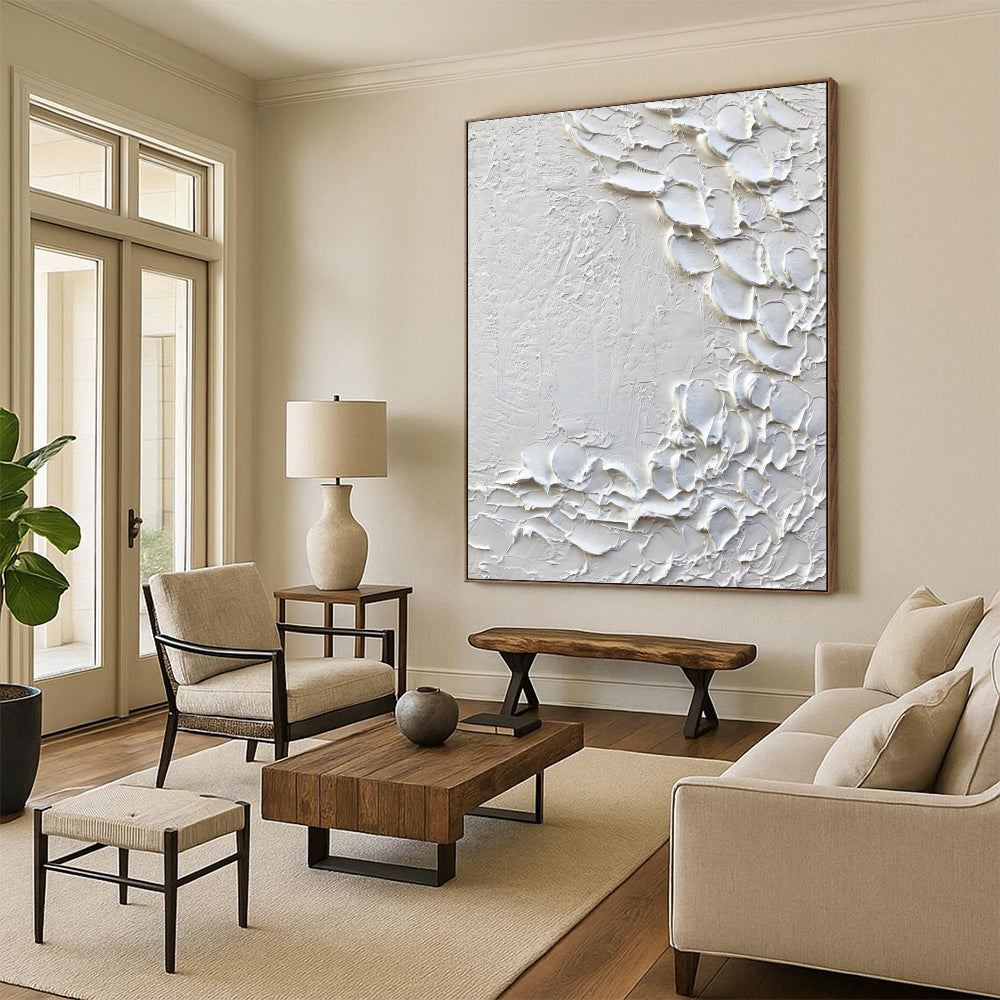 “White Textured Abstract with Petal - like Forms” - Tactile Abstract Painting On Canvas DS373